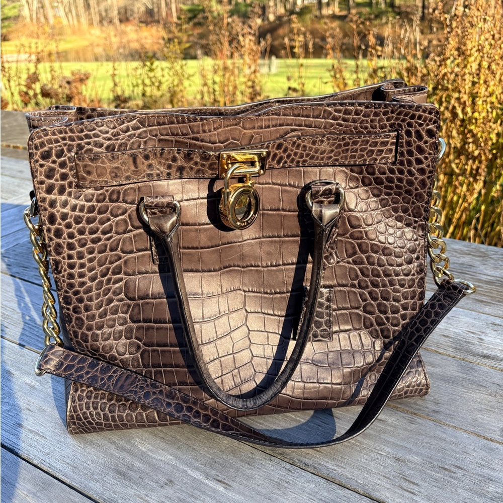 Michael Kors Chic Crocodile-Embossed Shoulder Bag with Gold Accents